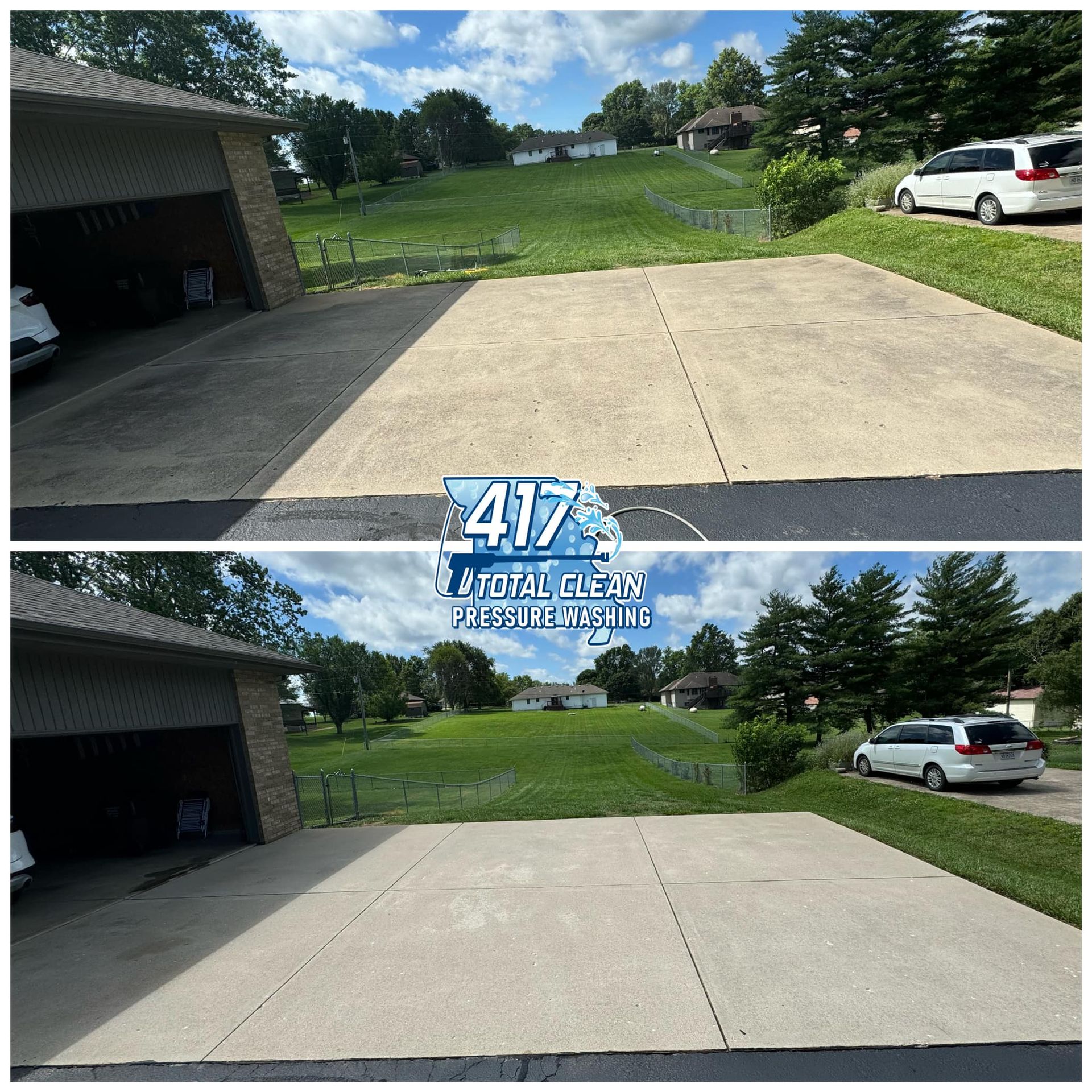 A before and after photo of a driveway with a car parked in it.