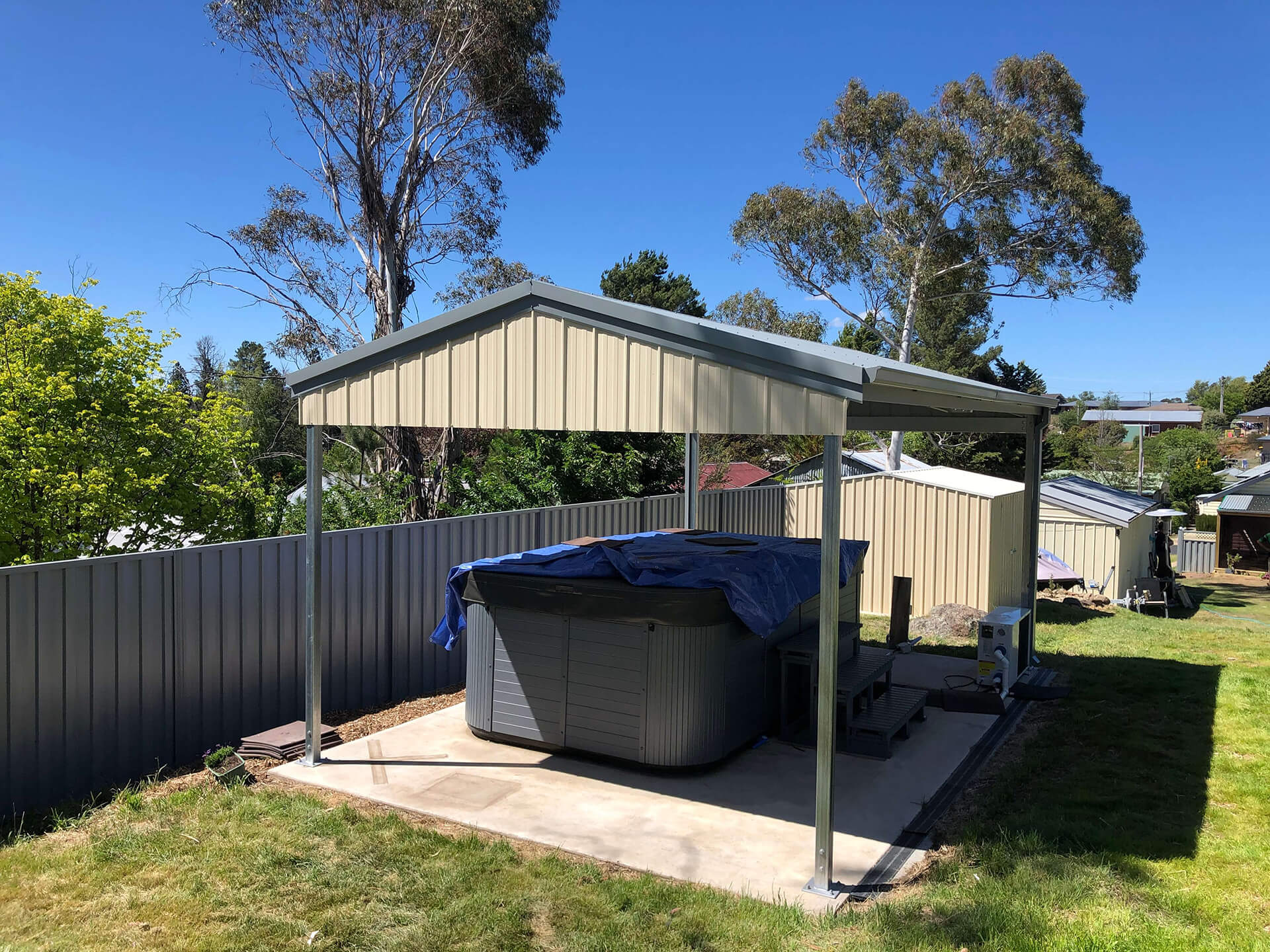 Flat roof Carport attached to house - Snowy Sheds