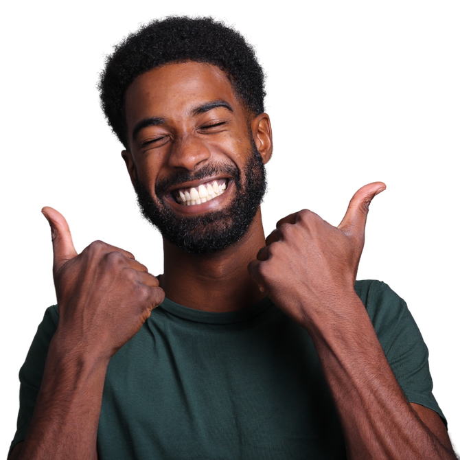 Smiling man in a dark green shirt giving two thumbs up on a white background