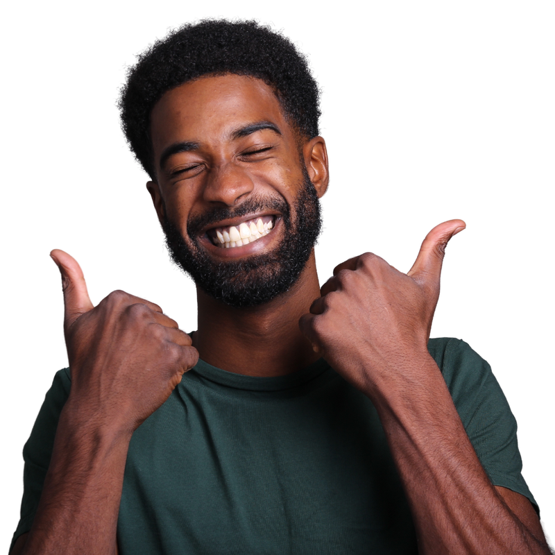 Smiling man in a dark green shirt giving two thumbs up on a white background