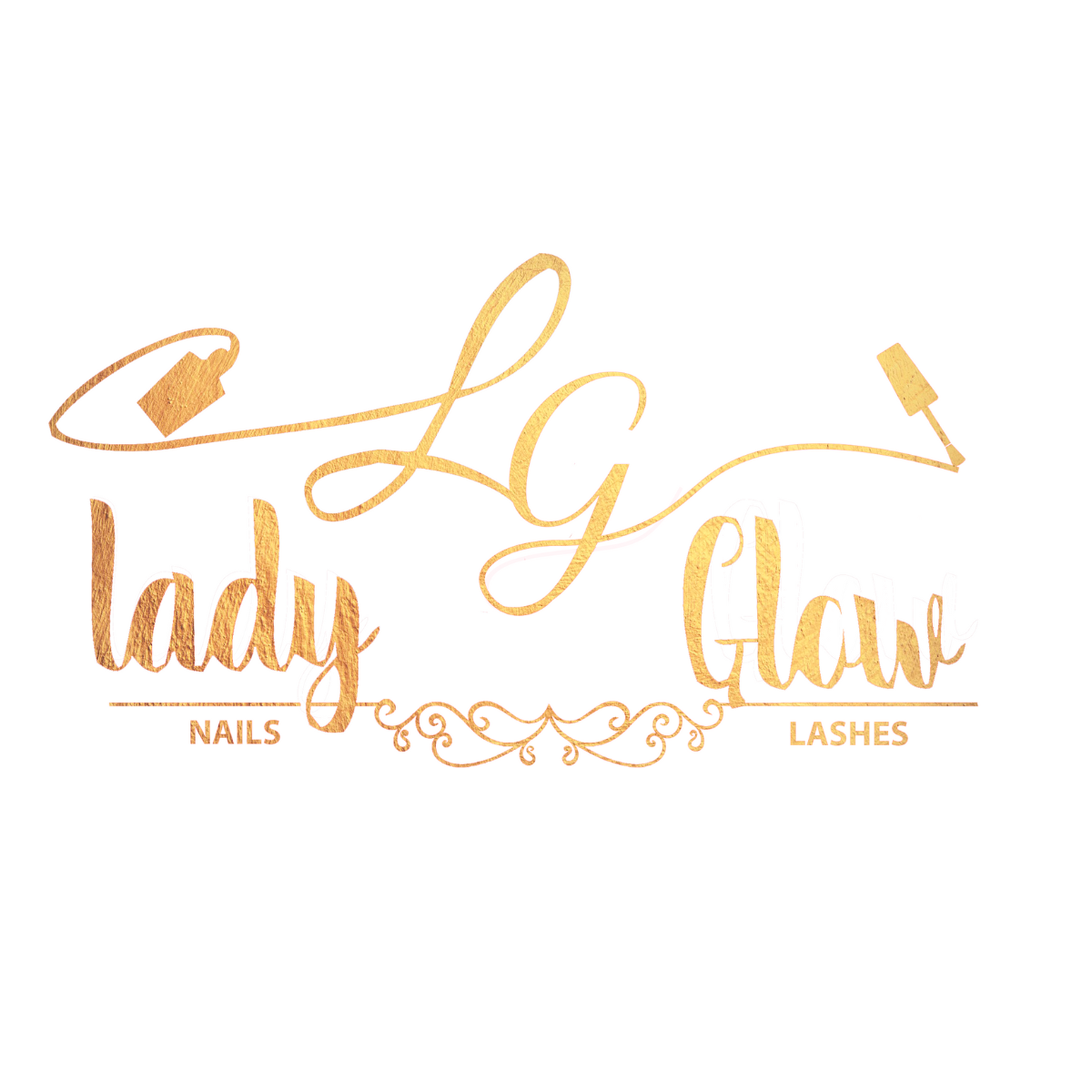 Un logotipo dorado para uñas y pestañas con brillo femenino.