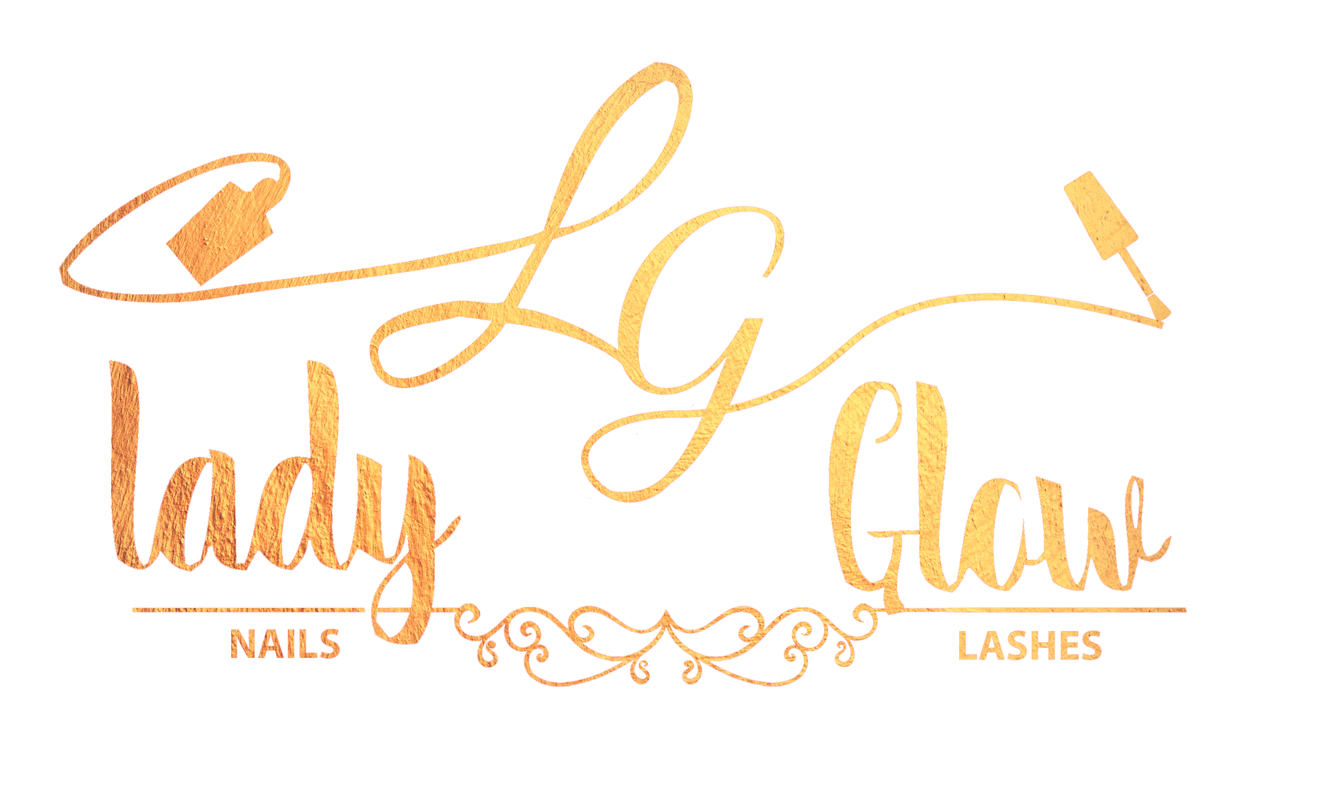 Un logotipo dorado para uñas y pestañas con brillo femenino.