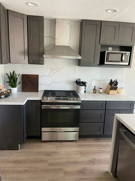 Modern kitchen with dark cabinets, stainless steel appliances, and light wood flooring.