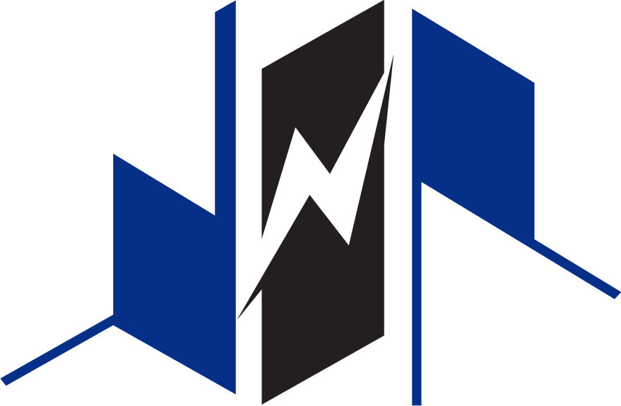 Abstract blue and black geometric logo with a white zigzag lightning shape in the center