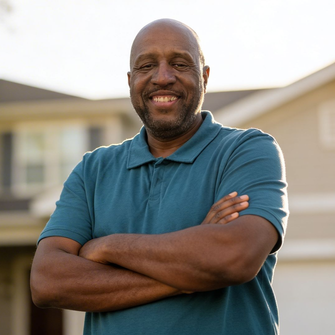 Smiling man in a teal polo shirt stands with arms crossed outdoors in front of a house.