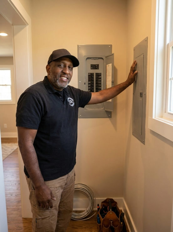 Man standing in a hallway beside an electrical panel, touching the wall near a framed opening.