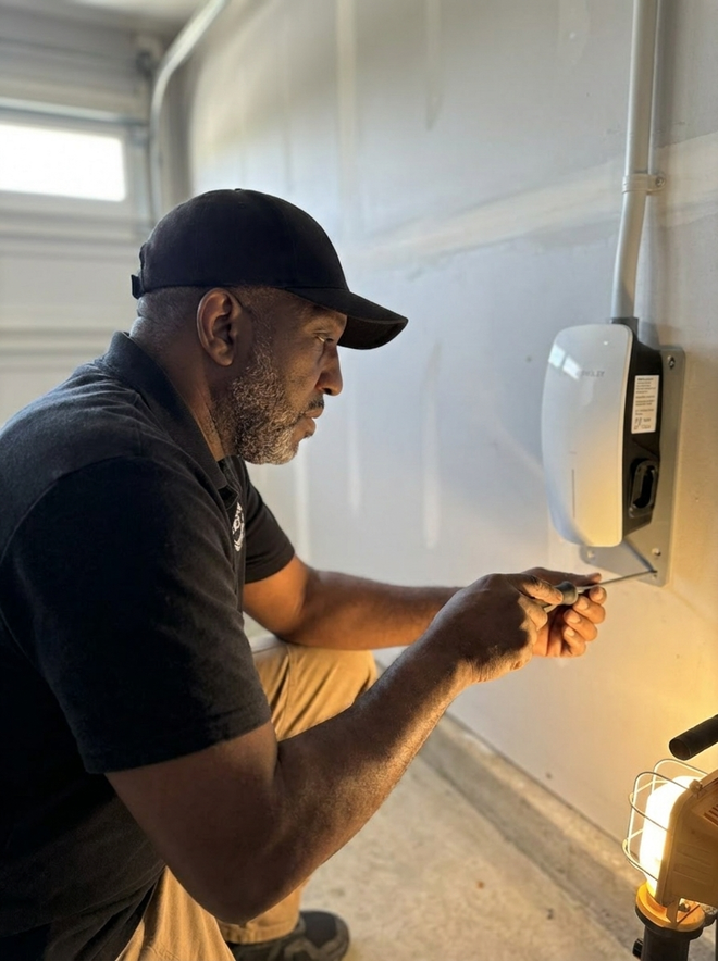 Man repairing a wall-mounted device beside a workbench, using a screwdriver in a brightly lit room