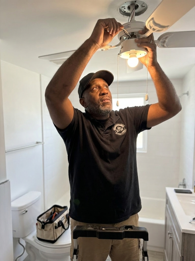 Man changing a ceiling light fixture in a bright bathroom, standing on a ladder with tools raised.