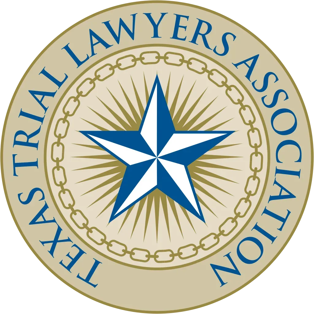 Texas Trial Lawyers Association emblem: blue star, text, chain border on beige background.