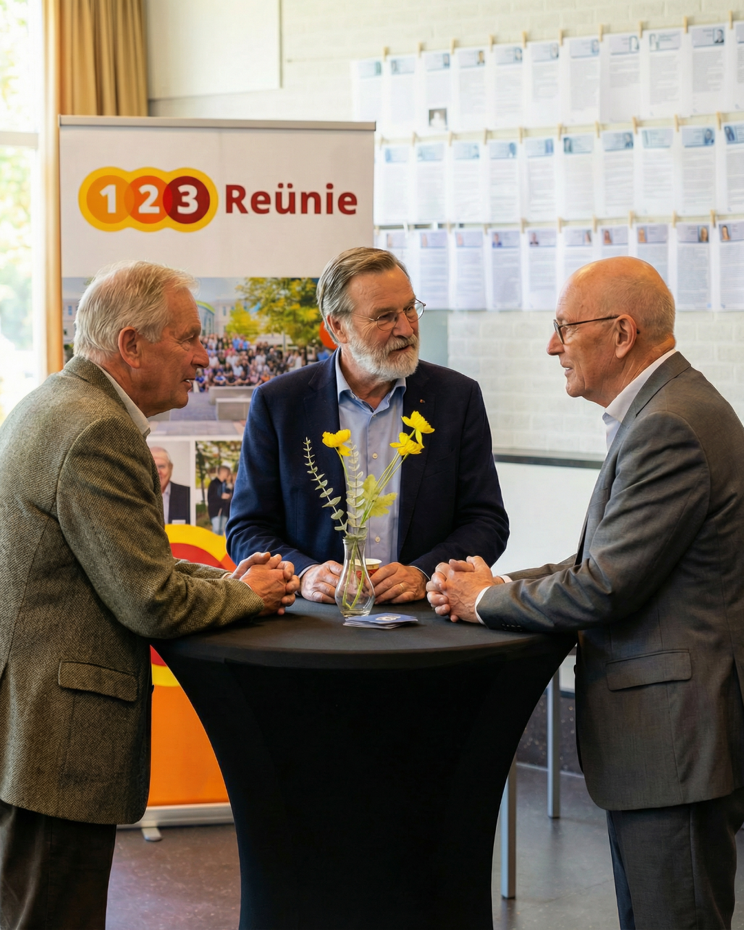 Drie mannen in pak staan te praten aan een staande tafel in een lobby met een bordje