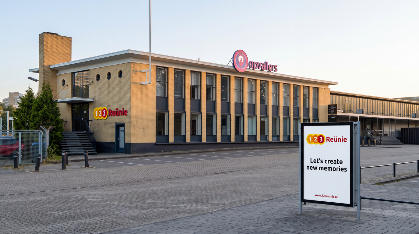 De buitenkant van een modern kantoorgebouw met een rood logo en een reclamebord ervoor, bij schemering.