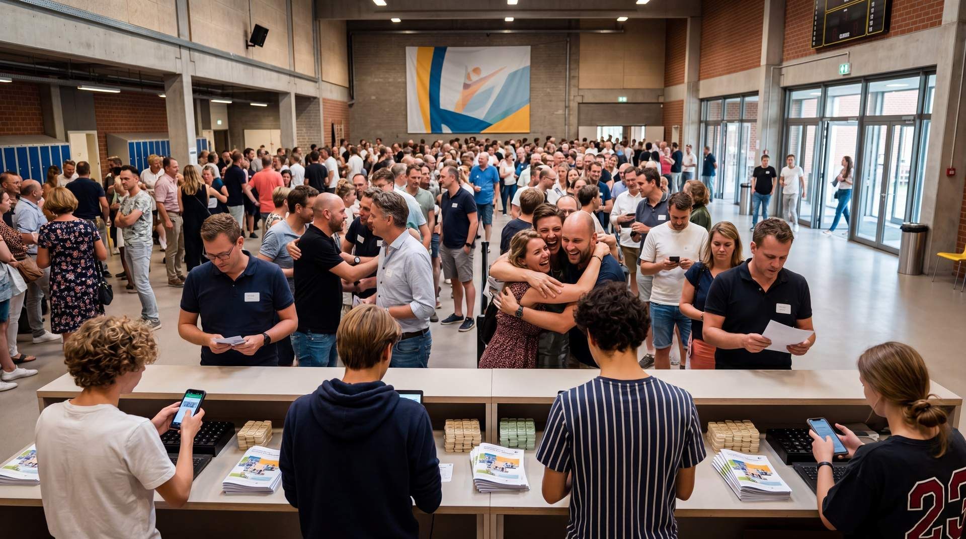 Een drukke inschrijftafel bij een evenement binnenshuis, met mensen in de rij en personeel dat spullen uitdeelt.