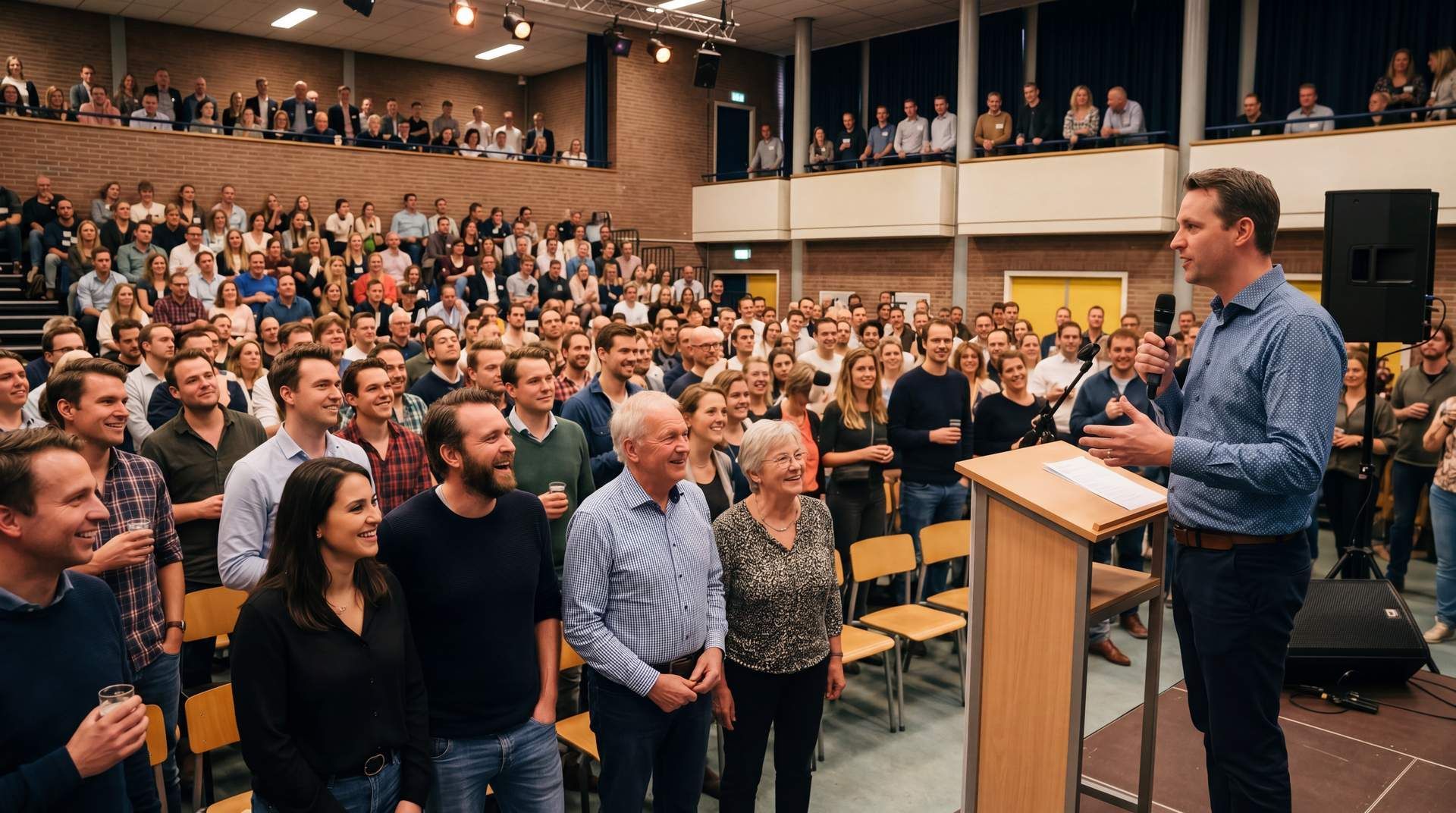Spreker vanaf het podium spreekt een groot publiek toe in een volle zaal.