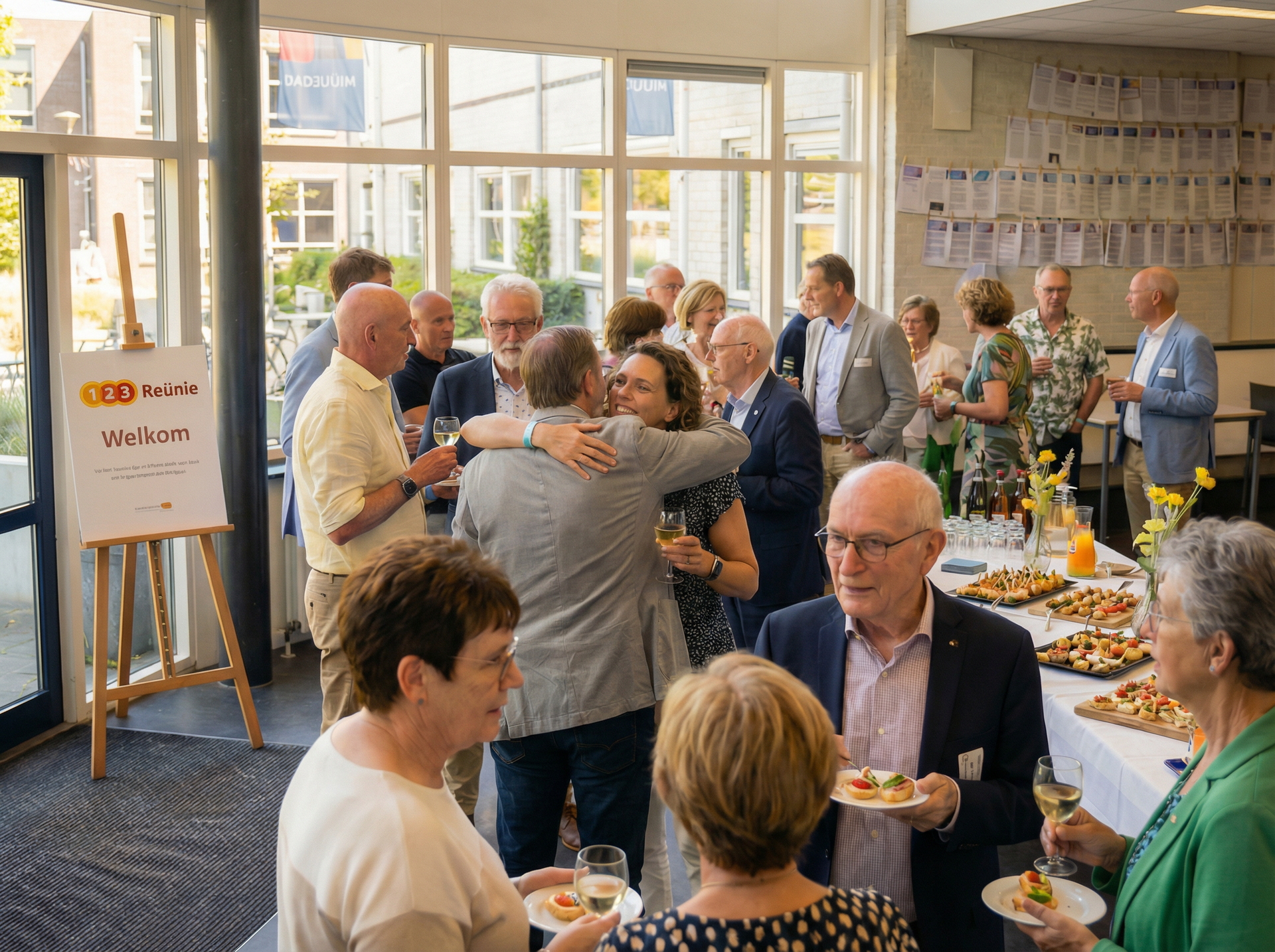 Mensen socialiseren en eten in een lichte, overdekte ontvangstzaal met tafels en drankjes.