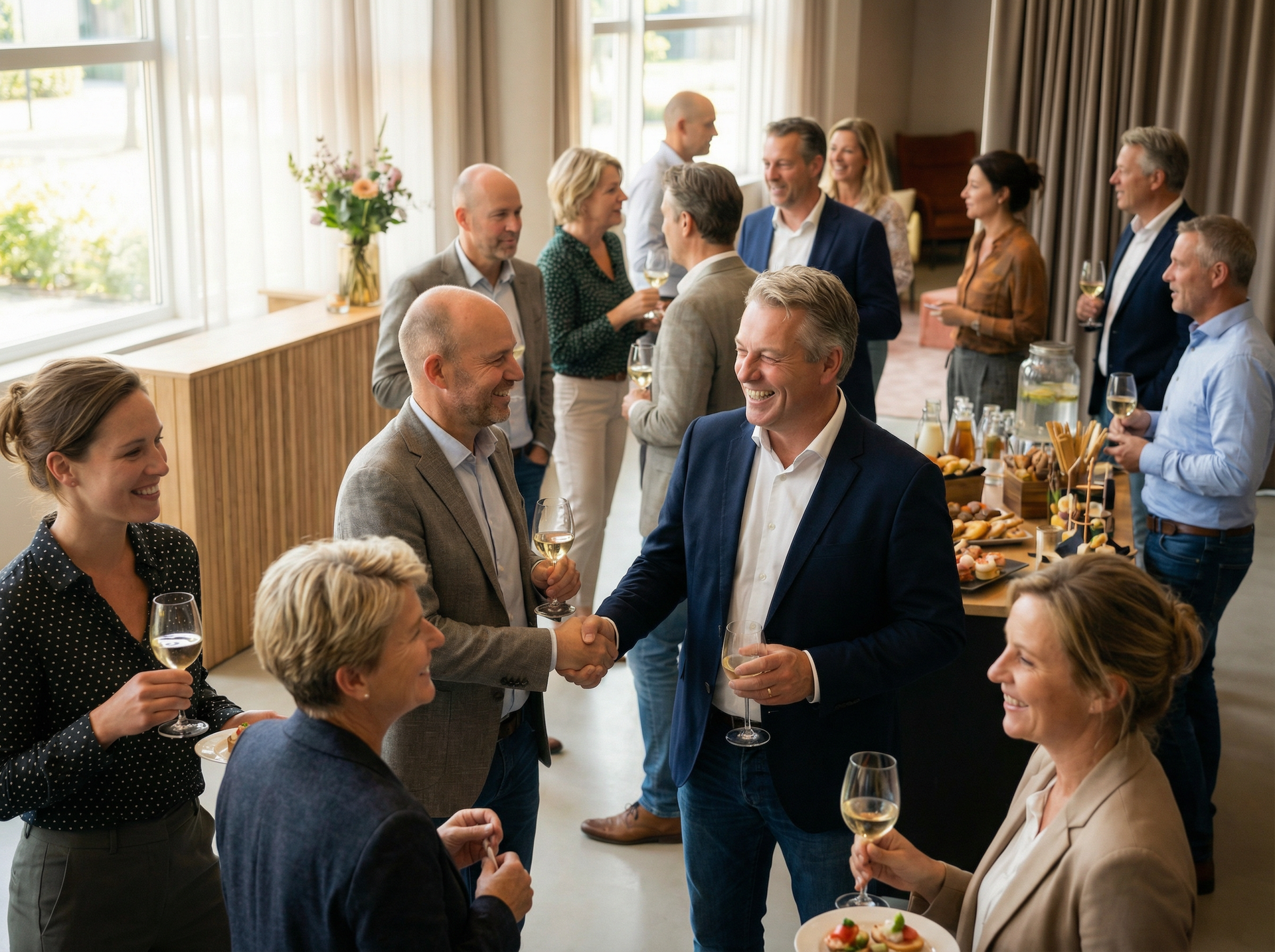 Mensen praten en proosten tijdens een gezellige bijeenkomst binnenshuis met wijn en hapjes.