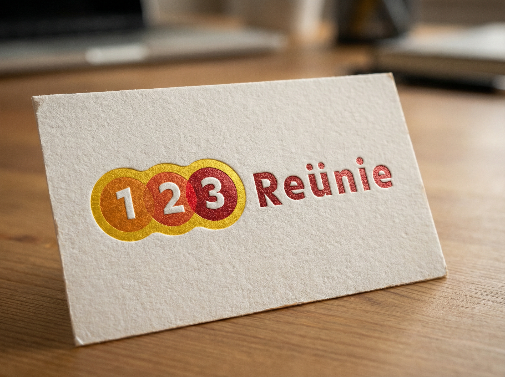 “123 Reunie” logo on a white card on a wooden table