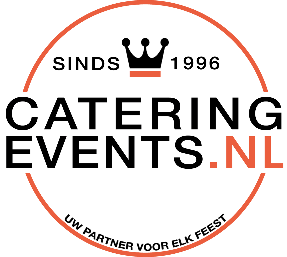 Logo for CateringEvents.nl with orange circle, black text, crown icon, and Dutch tagline “Uw partner voor elk feest”