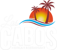 A logo for los cabos mexican restaurant with a sunset and palm trees