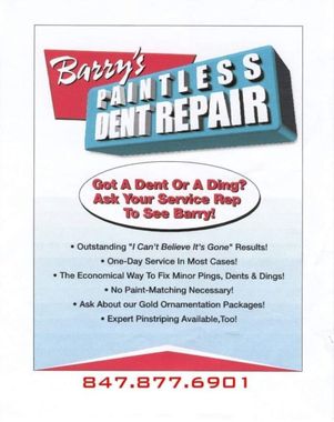 Barry’s Paintless Dent Repair ad with red and blue logo, service details, and phone number 847-877-6901