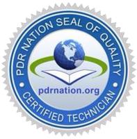 PDR Nation Seal of Quality certified technician badge with globe and open book in blue and green