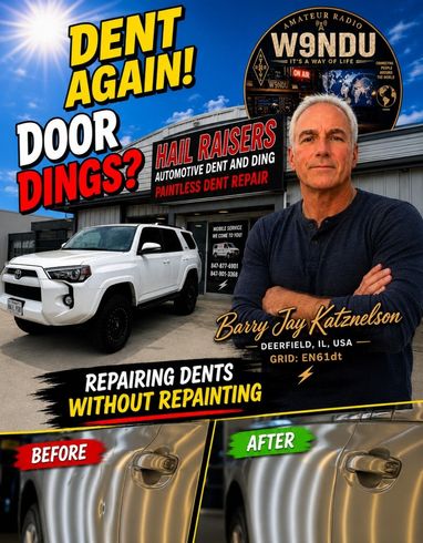 Auto dent repair ad with a white truck, technician portrait, and before-and-after dent photos.
