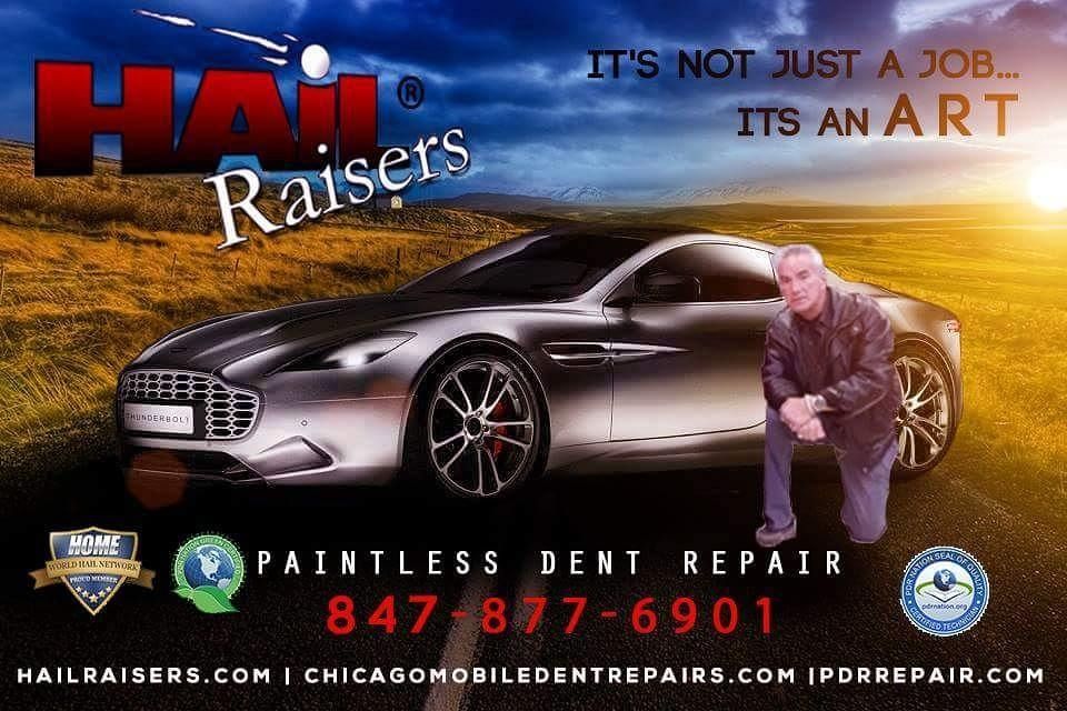Hail Raisers auto body ad with black sports car, dent repair specialist, and slogan “It’s not just a job, it’s an art”