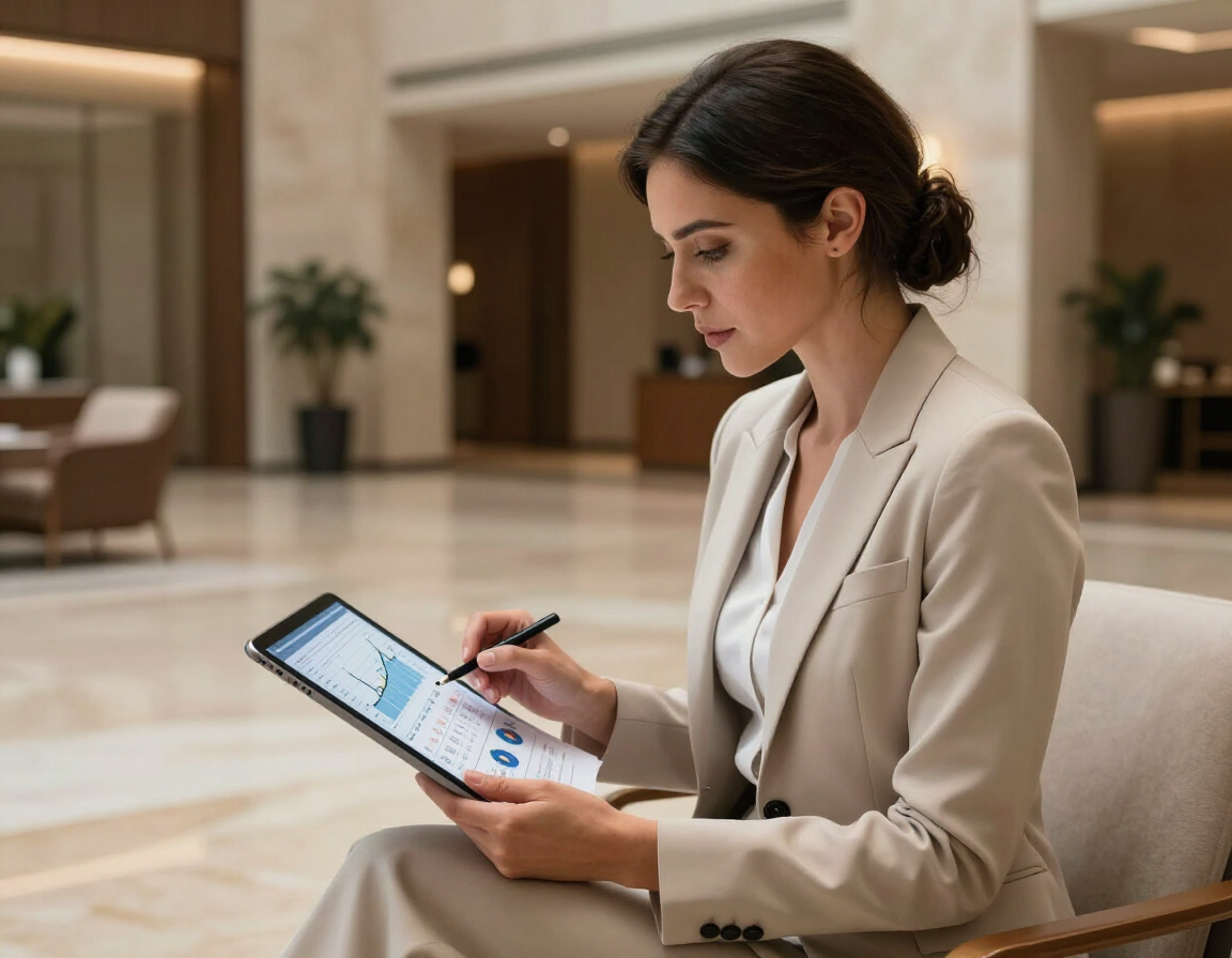 Professional woman reviewing financial reporting dashboard