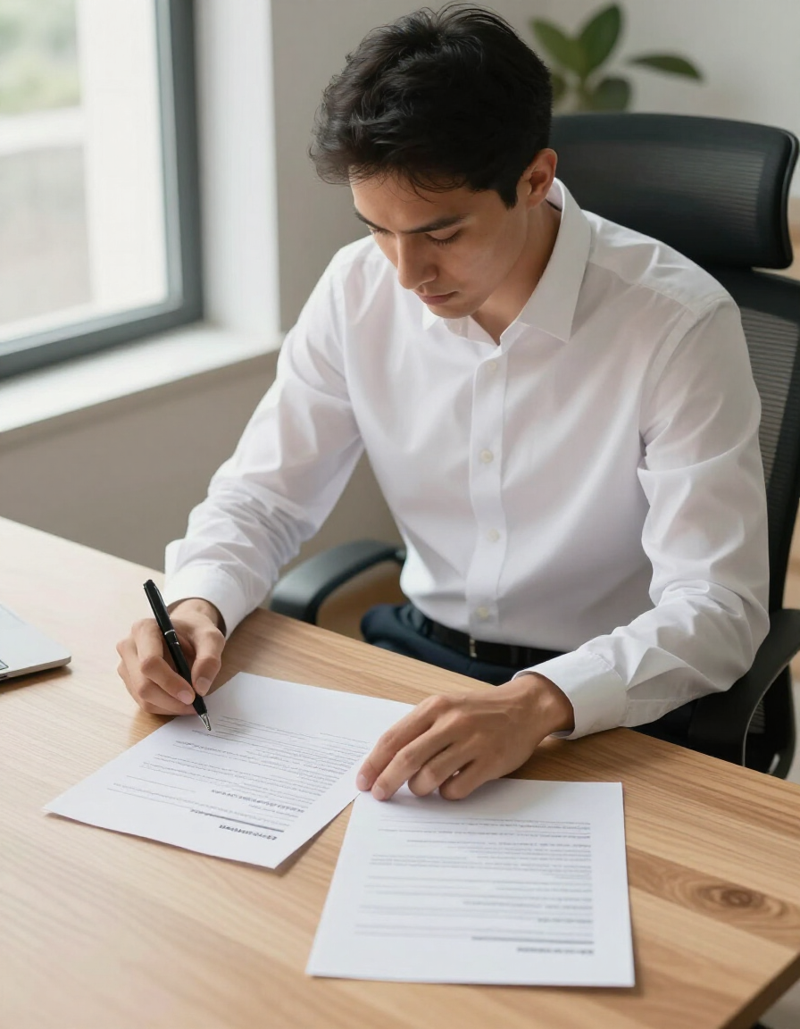 Professional reviewing tenant screening documents at desk