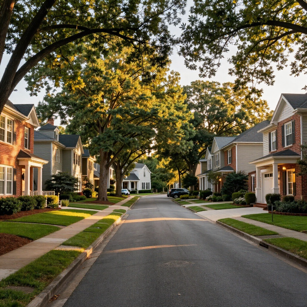 Atlanta residential neighborhood street with upscale homes at golden hour