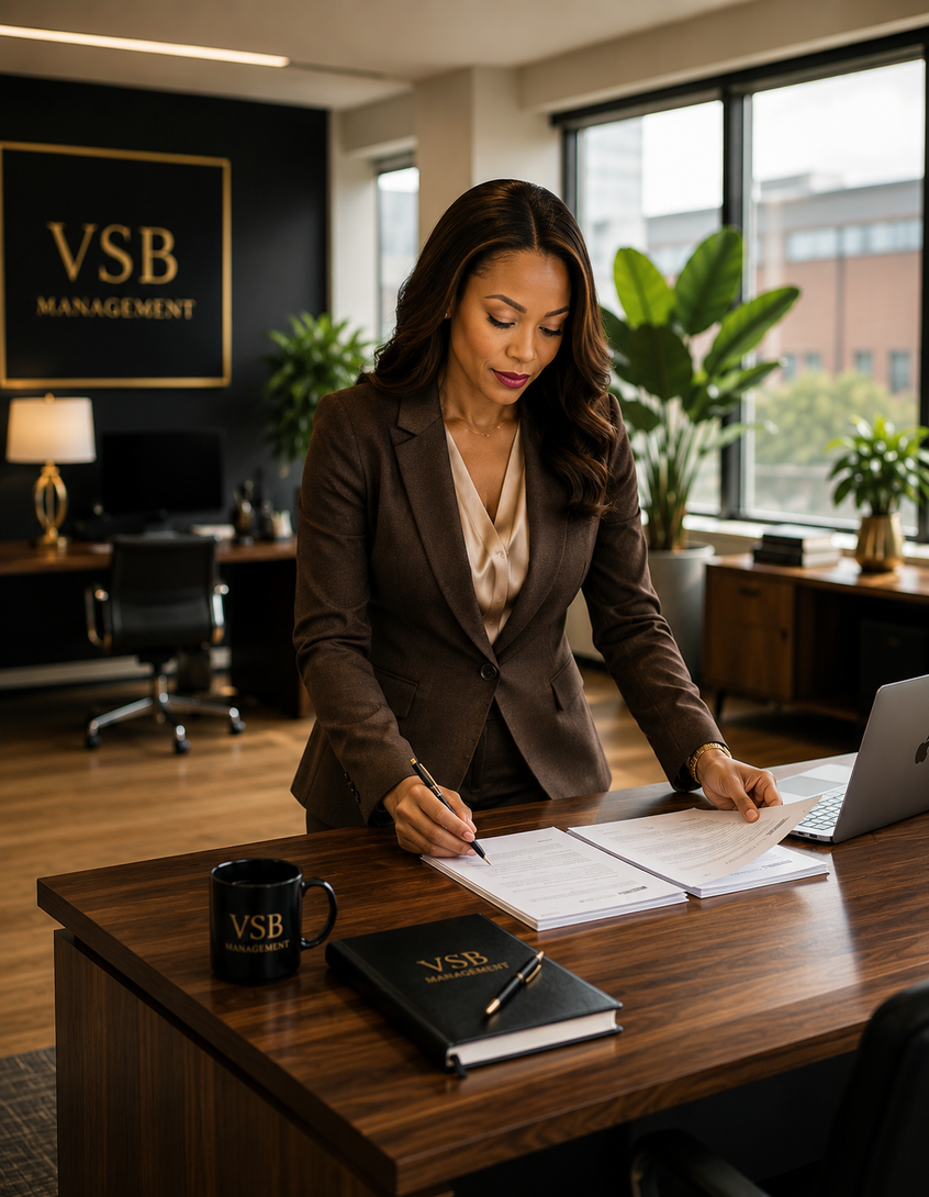 Property management professional reviewing documents at a modern Atlanta office