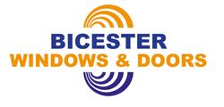 Bicester Windows & Doors logo in blue and orange with a circular abstract design