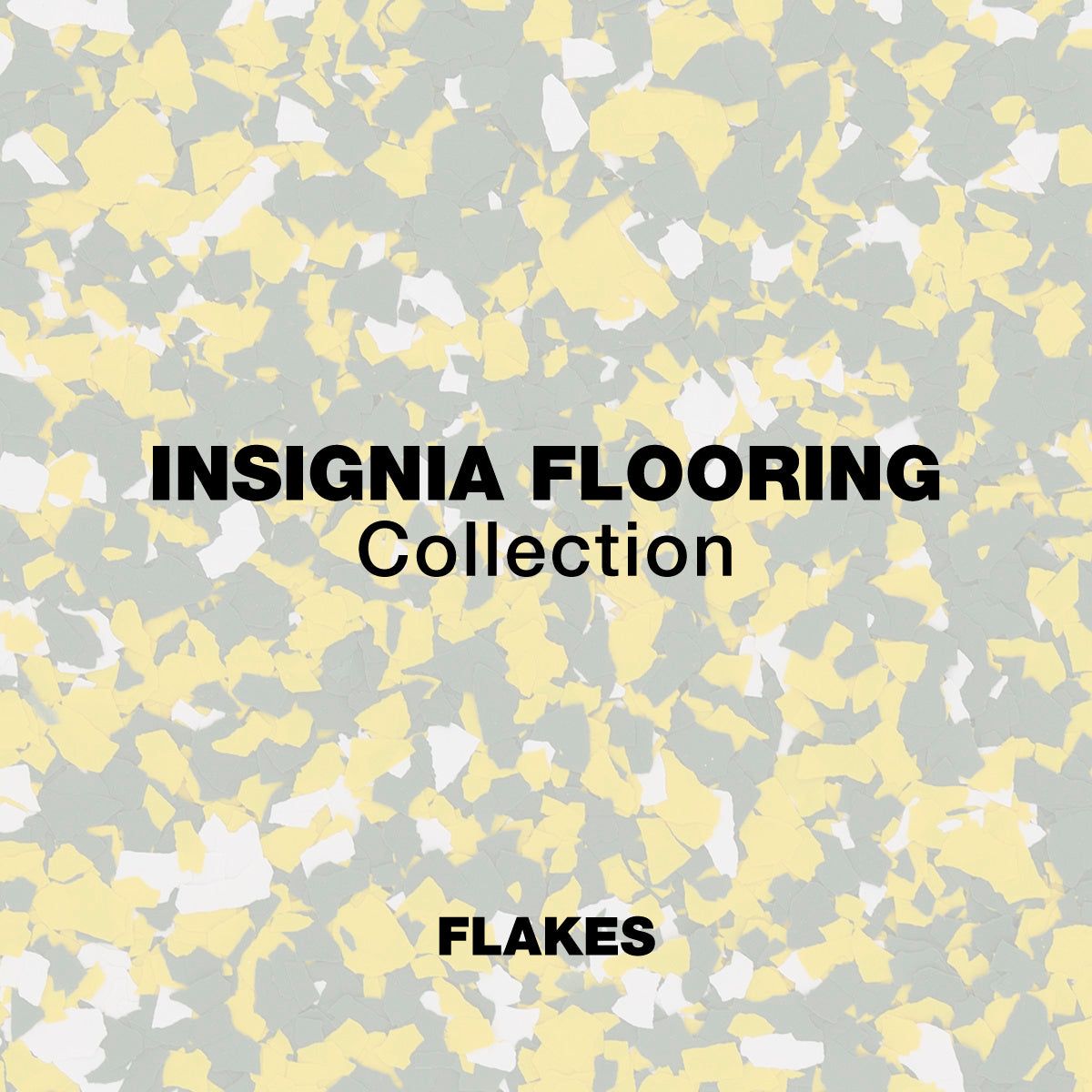 A product swatch featuring yellow, white, and grey floor flakes with the text 