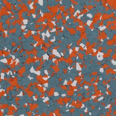 A decorative floor coating pattern featuring a dense blend of blue-grey, orange, and white paint flakes.