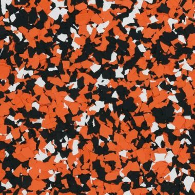 A pattern of scattered, overlapping orange, black, and white decorative vinyl flakes for flooring.