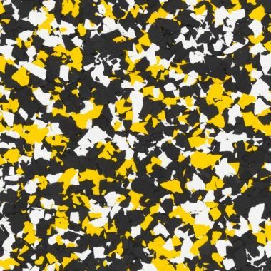 A textured pattern of small, irregularly shaped black, yellow, and white flecks, typical of a composite flooring material.
