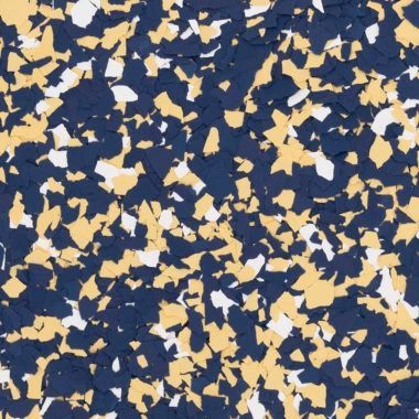A decorative floor chip pattern featuring an uneven mix of dark navy blue, light tan, and white flakes.