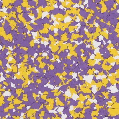 A seamless pattern of irregular-shaped purple, yellow, and white decorative floor flakes.