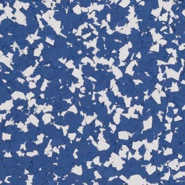 A repeating pattern of jagged, multi-sized blue and white vinyl flakes, commonly used for garage floor epoxy coatings.