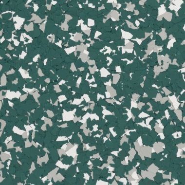 A textured floor covering with an abstract, mottled pattern of dark teal, light gray, and white vinyl paint flakes.