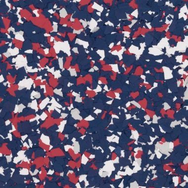 A pattern of small, irregularly shaped vinyl flakes in red, white, and navy blue.