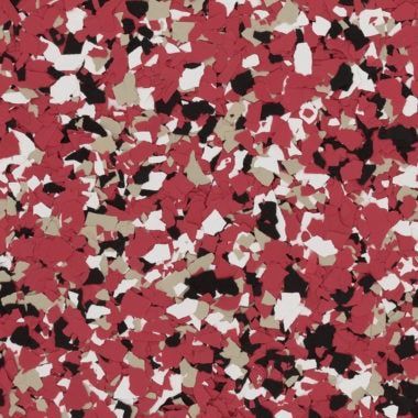 A decorative floor coating pattern featuring a blend of red, white, black, and tan vinyl chips.