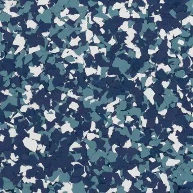 A seamless, multi-colored pattern of small, jagged blue, teal, and white vinyl flakes used for epoxy flooring.