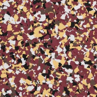 A speckled pattern of irregular shapes in maroon, tan, white, and black, resembling a decorative floor flake finish.