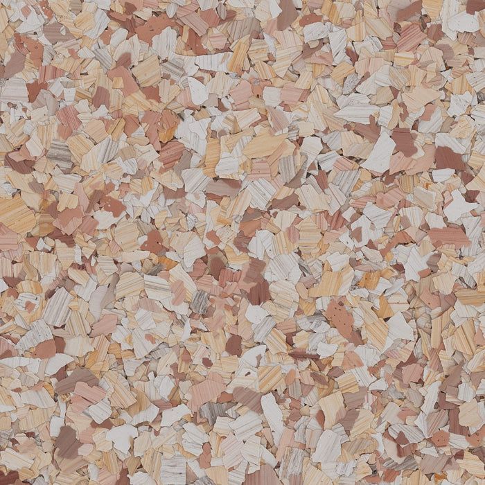 A textured floor coating material composed of small, irregular flecks in shades of beige, tan, brown, and cream.