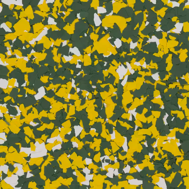 A pattern of small, irregularly shaped flecks in dark green, yellow, and white, resembling decorative floor flakes.