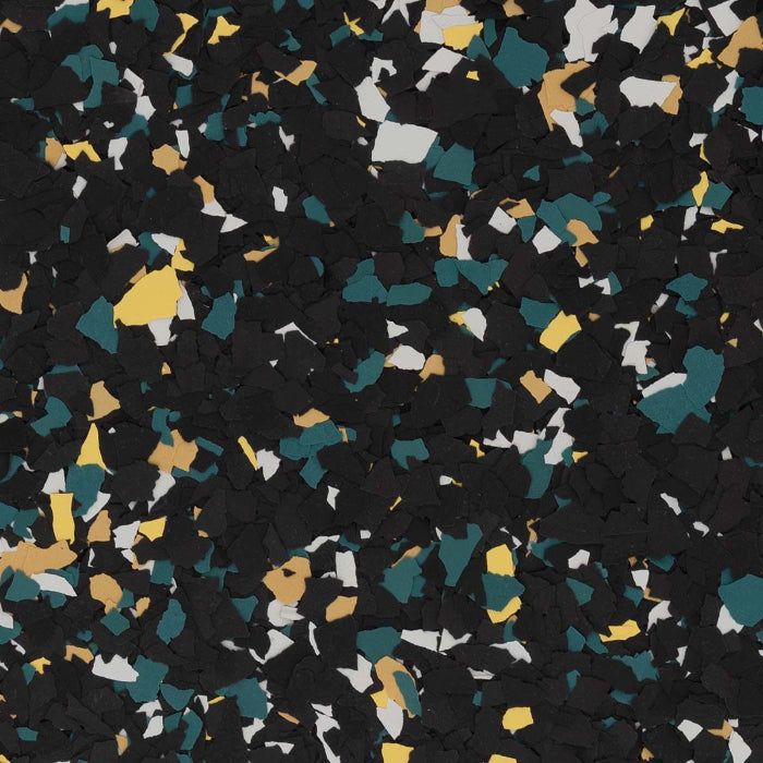 A pattern of black, teal, beige, and white vinyl paint flakes for flooring, creating a speckled, multi-colored texture.
