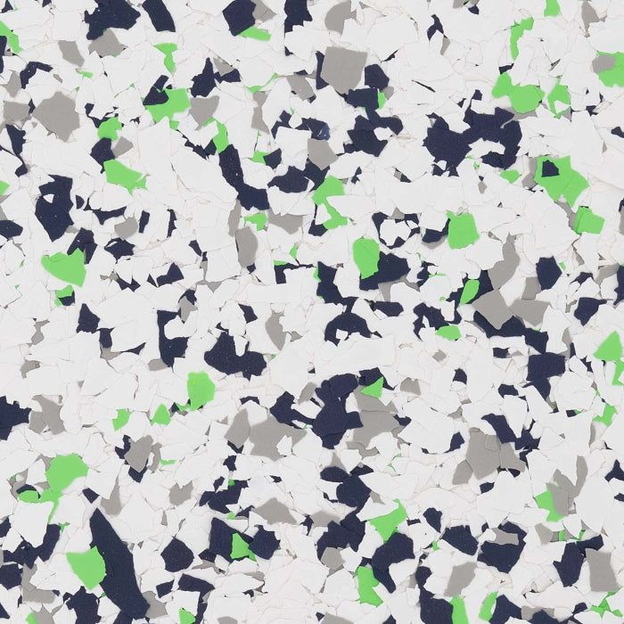 Decorative floor flake pattern featuring a mix of white, dark navy, light gray, and bright lime green chips.