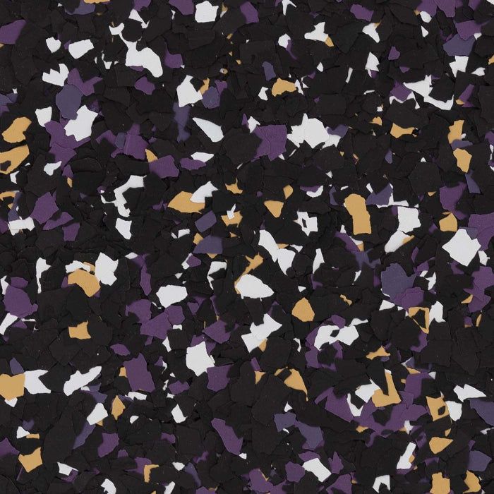 A textured surface featuring a speckled pattern of black, white, tan, and purple vinyl flakes on a dark background.