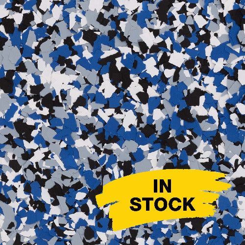 A pattern of small, multi-colored vinyl flakes in shades of blue, white, gray, and black, with a yellow 