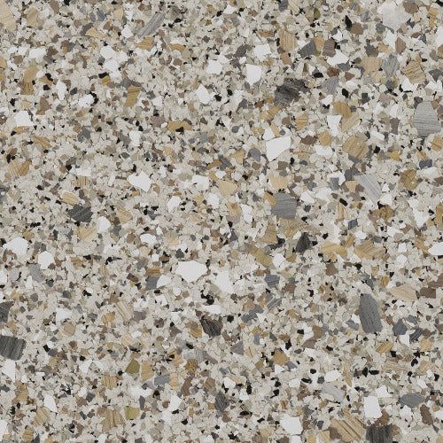 A close-up of a speckled floor coating with a mix of white, tan, gray, and black flecks on a light beige background.